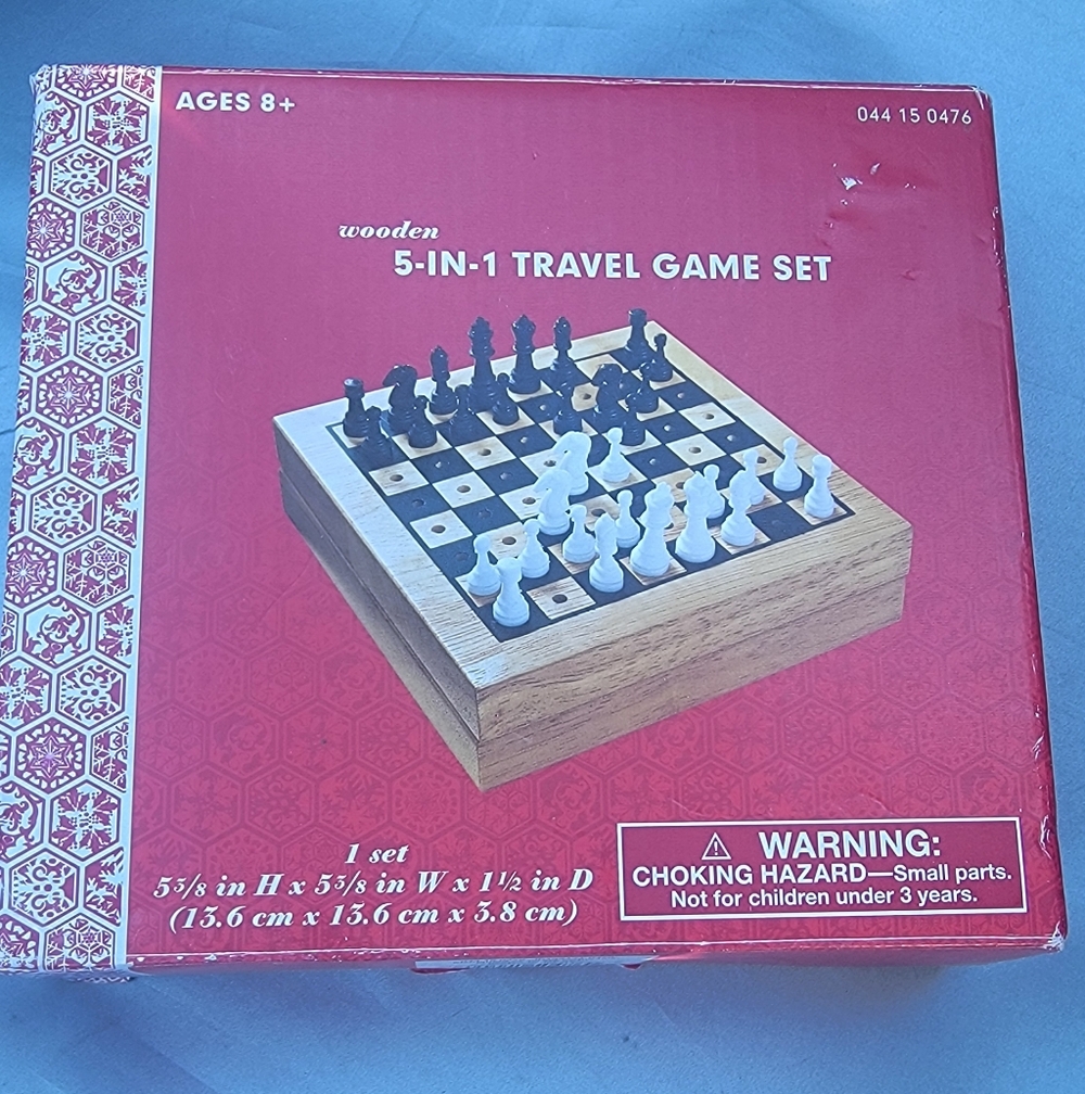 Travel Games 5-in-1 Wooden Travel Game Set Chess, Checkers Etc...